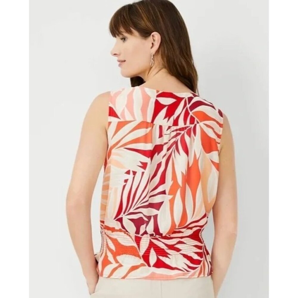 Women's - Ann Taylor Tropical Split Neck Smocked Waist Top, Size XL - Picture 2 of 9